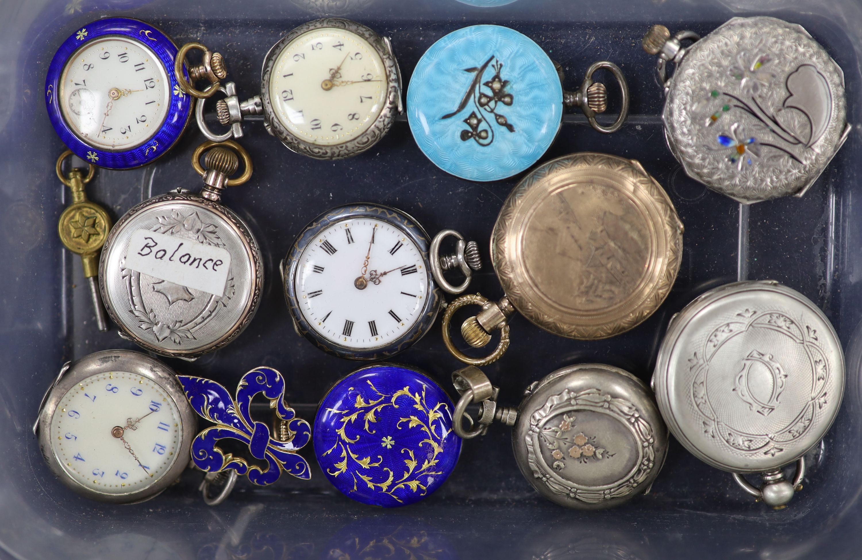 Eleven assorted mainly fob watches, including German 800 standard and enamel and silver and enamel